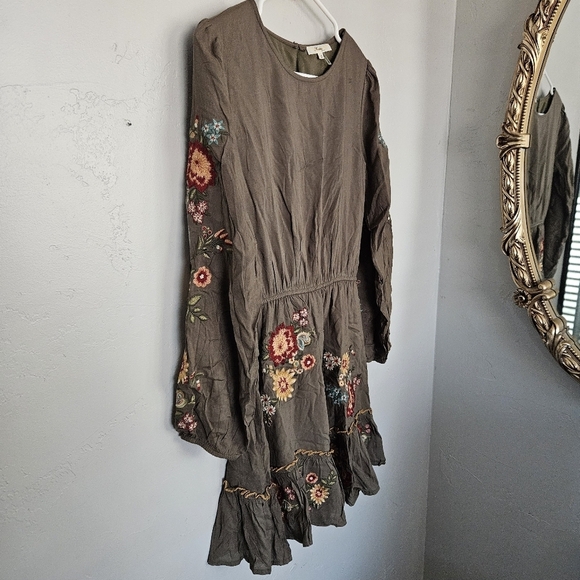 Andree by Unit Womens Small Olive Green Long Sleeve Dress Embroidery Floral Boho - Picture 5 of 8